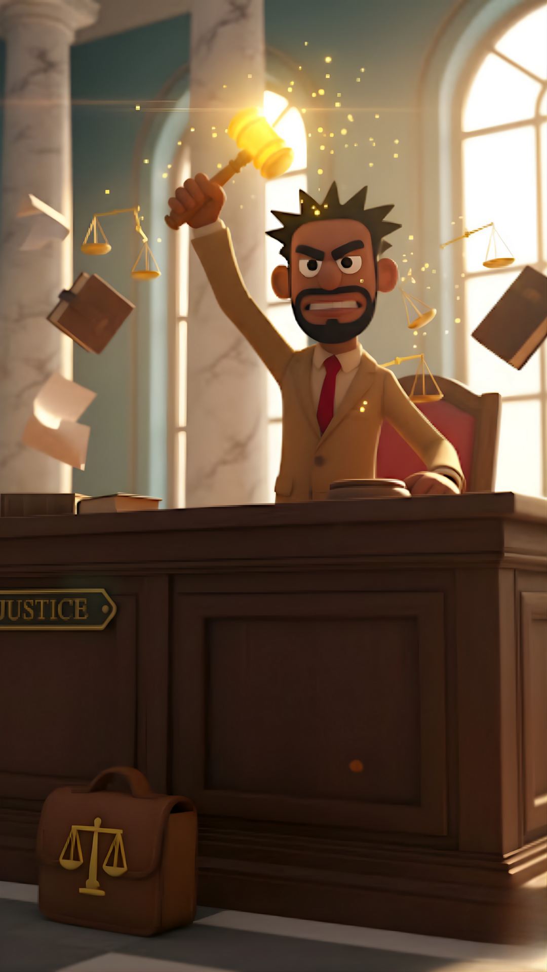 Mr. Oddlaw felt puppet smashing a golden gavel in a dramatic courtroom scene.